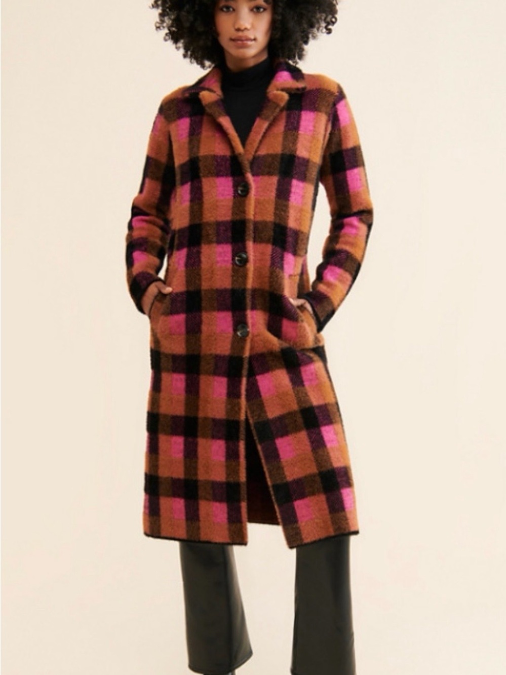 Anthropologie NLVTY Sweater Coat Pink and Brown Plaid M